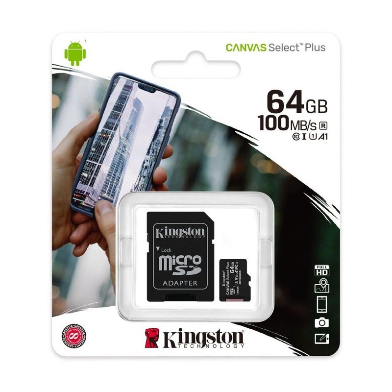 Kingston 64GB MicroSD Class 10 Canvas Select Plus Card With SD Adaptor - SDCS2/64GB